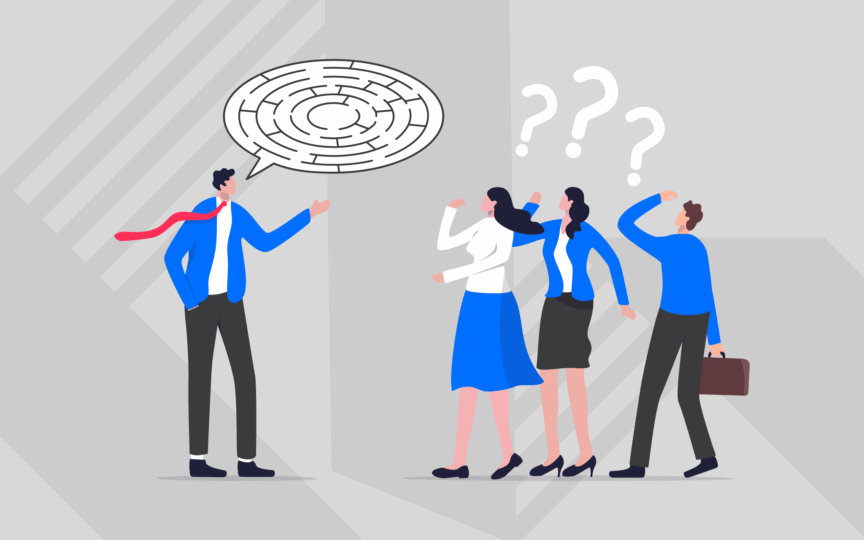 Illustration of a man explaining a maze to three confused colleagues with question marks above their heads, representing the importance of brand clarity.