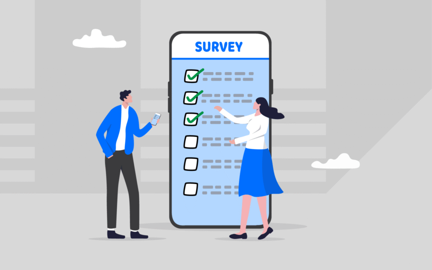 Illustration of two people reviewing a large mobile survey checklist with green checkmarks, representing measuring brand clarity.