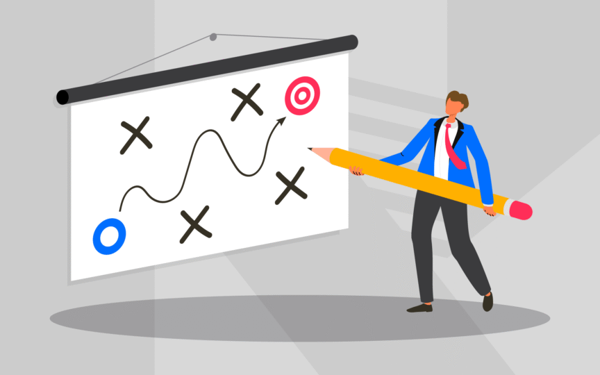 Illustration of a person drawing a strategic path on a board, symbolizing the cost of unclear branding and the need for direction.