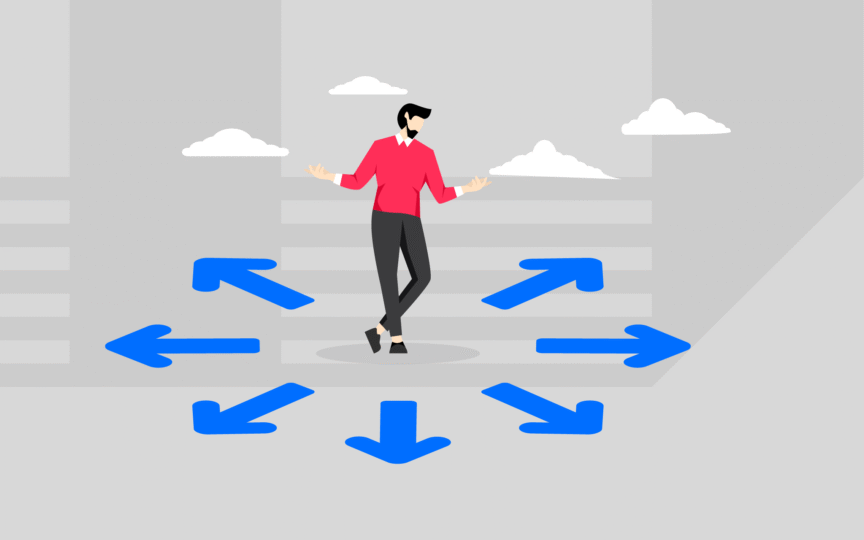 A man stands in a circle surrounded by arrows pointing in various directions, symbolizing Brand Communications strategies.