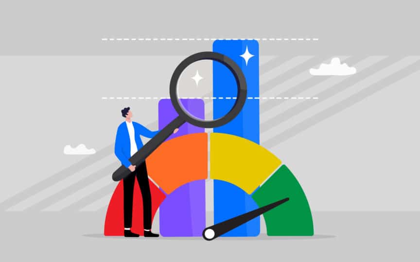 An illustration of a person with a large spyglass looking at a meter and bar chart.