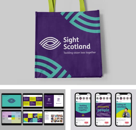Set of three images that showcase the Sight Scotland logo and use of brand differentiation.