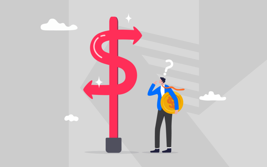 An illustration of a man in thought at a double-ended direction sign in the shape of a money symbol.
