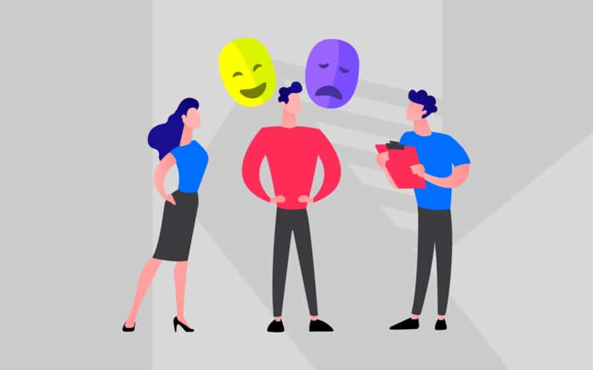 Illustration showing different brand personalities, with people representing varied tones and emotional expressions.