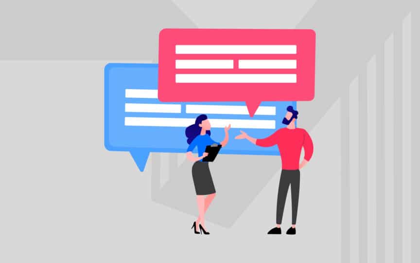 Illustration of brand enablement in everyday conversations, showing team members using guided dialogue to communicate consistently with customers.