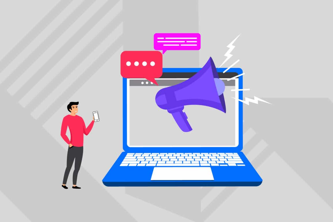 Illustration of digital brand enablement, with a megaphone emerging from a laptop to represent clear messaging and communication scripts.