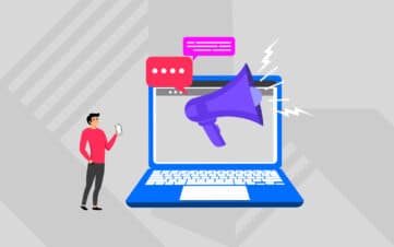 Illustration of digital brand enablement, with a megaphone emerging from a laptop to represent clear messaging and communication scripts.