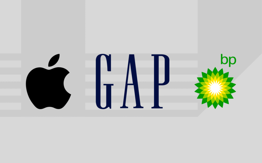Logos of three companies displayed side by side: a black apple icon, the GAP wordmark, and a green-yellow BP emblem.