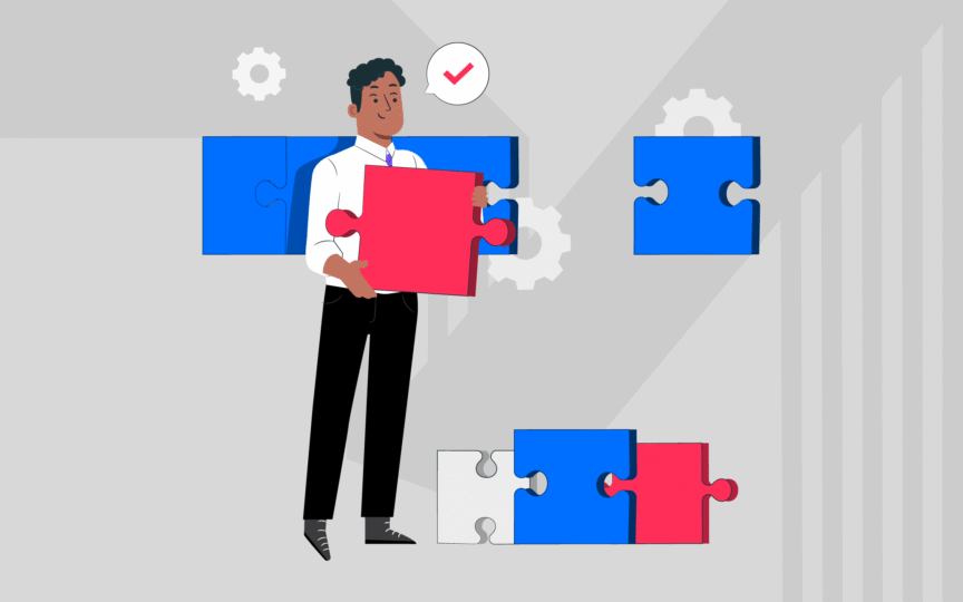 Illustration of a person holding a red puzzle piece while arranging pieces to complete a larger puzzle.”