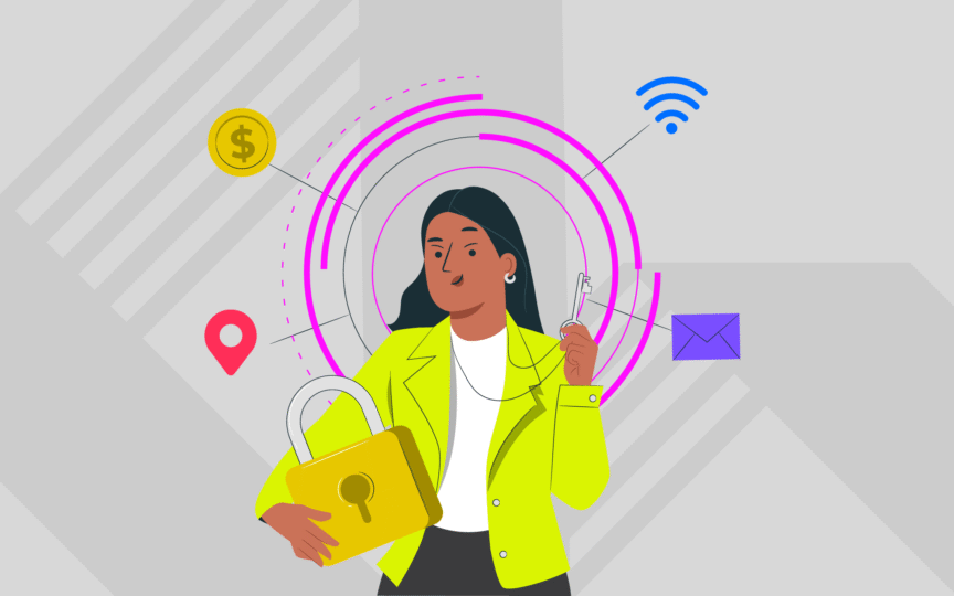 Illustration of a woman holding a padlock and key surrounded by icons representing security, communication, and connectivity.