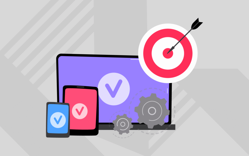 Illustration of multiple digital devices with checkmark icons, gears, and a target with an arrow, representing brand consistency across touchpoints.