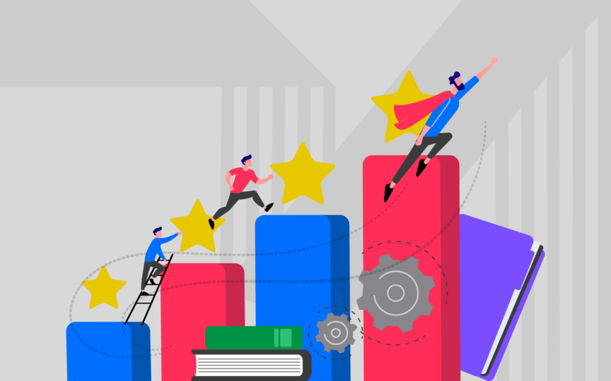 Illustration of people climbing colorful bars and reaching for stars to symbolize overcoming common pitfalls.