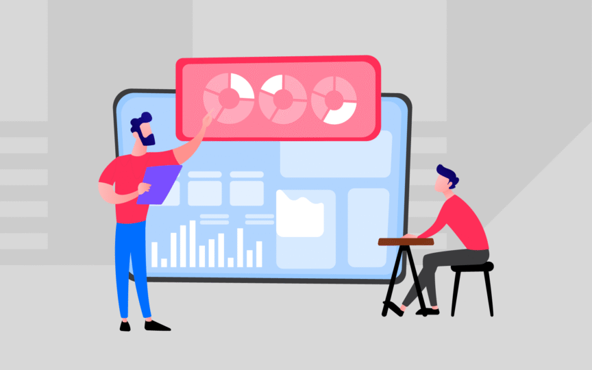 Illustration of two people reviewing charts and analytics on a large screen.