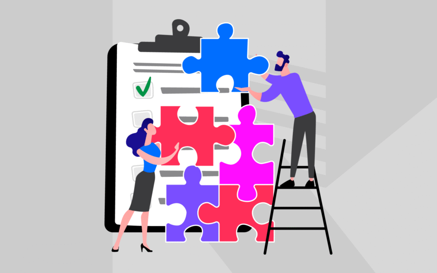 Illustration of two people assembling large puzzle pieces in front of a checklist to represent the shift from brand strategy to execution.