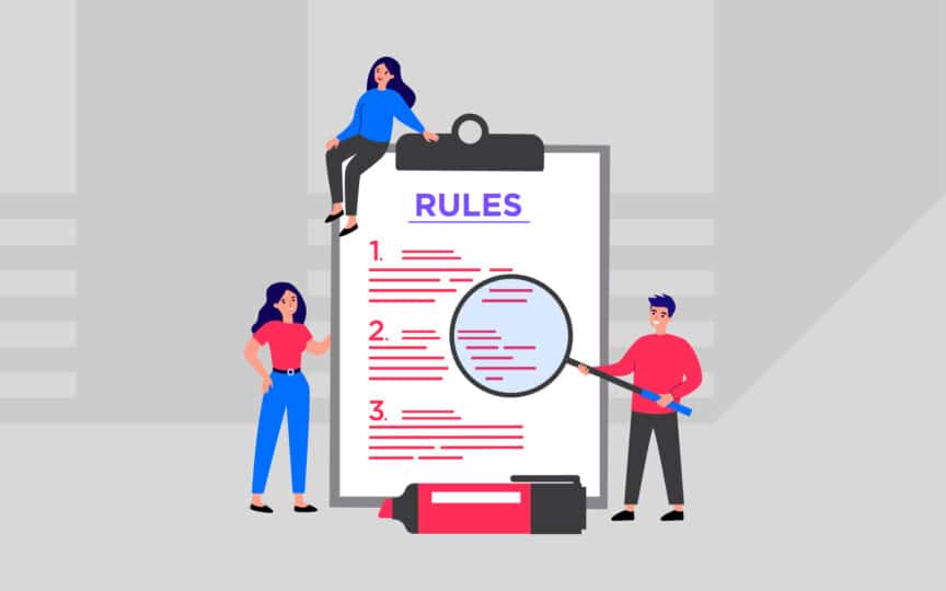 Illustration of three people reviewing a large clipboard labeled “Rules,” with one holding a magnifying glass to represent clear and simplified brand governance.