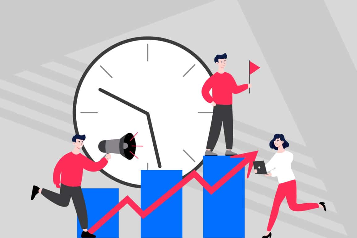 llustration of people working around a large clock and rising bar chart, symbolising a brand governance system that speeds up teamwork and improves efficiency.