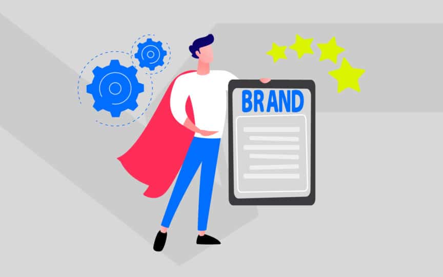 Illustration of a person with a cape holding a brand document, surrounded by gears and stars.