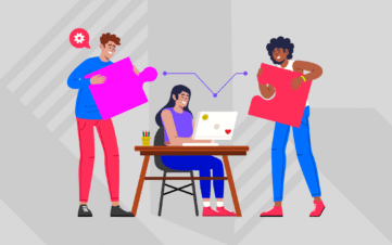 Team of three: one on laptop, two holding puzzle pieces.