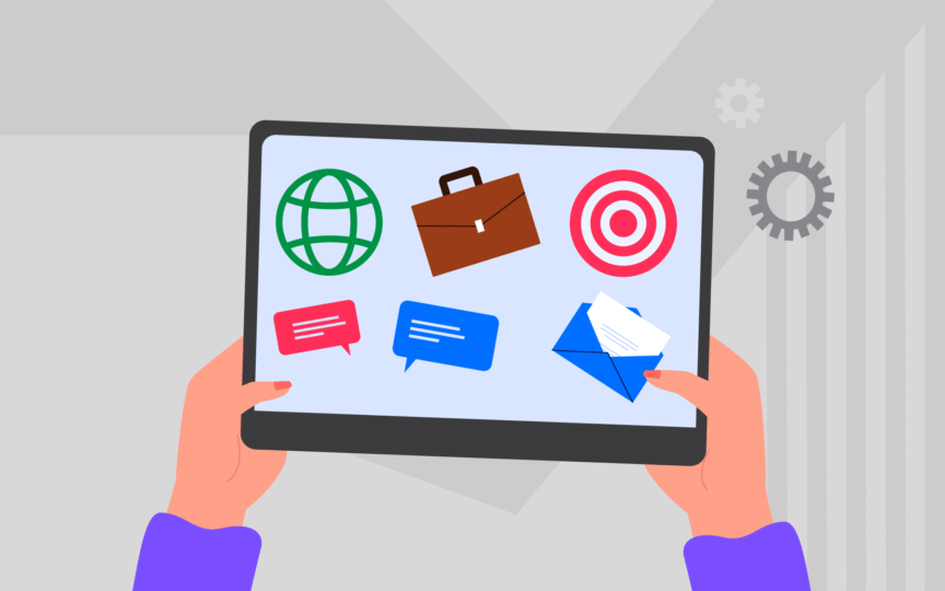 Tablet with elements of digital marketing: globe icon, email, messages, target, briefcase.