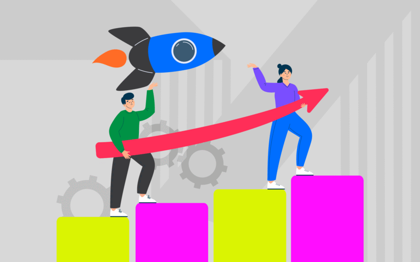 People climbing increasing steps while carrying arrow together.