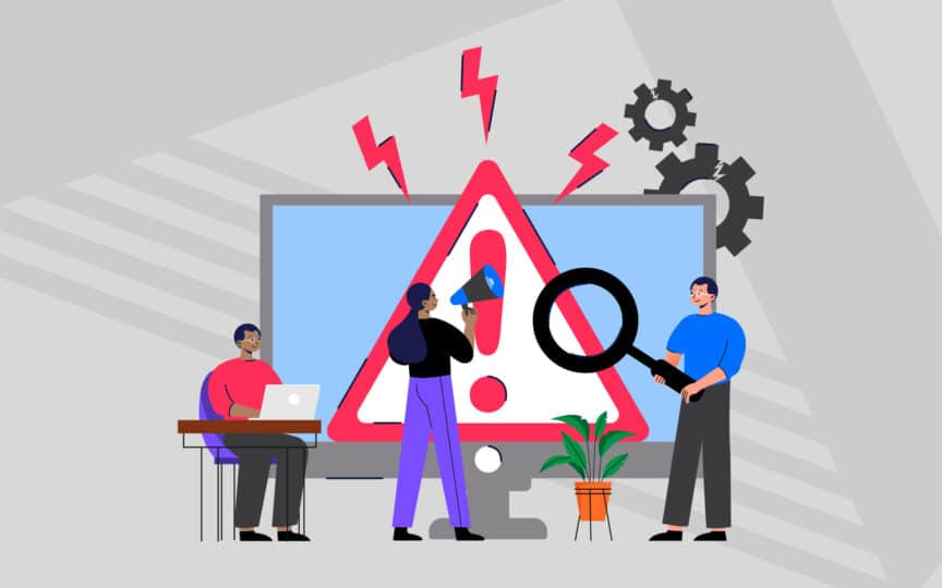 Illustration of people examining a large warning symbol on a screen.