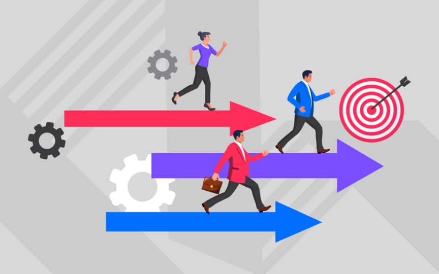 Illustration of people running along coloured arrows toward a target, symbolising alignment and shared goals.