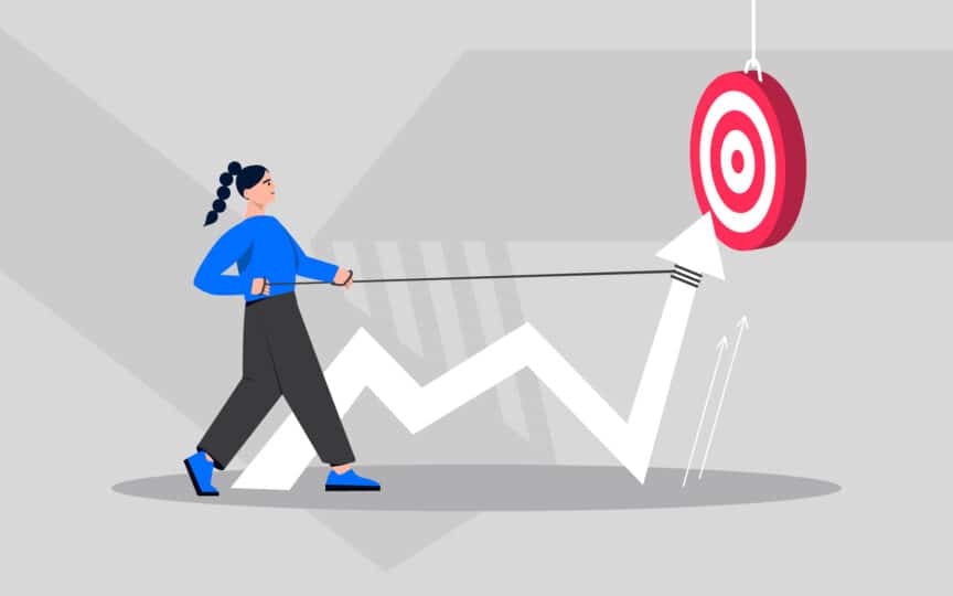 Illustration of a person pulling an upward-moving arrow toward a target, symbolising long-term brand alignment and sustained progress.