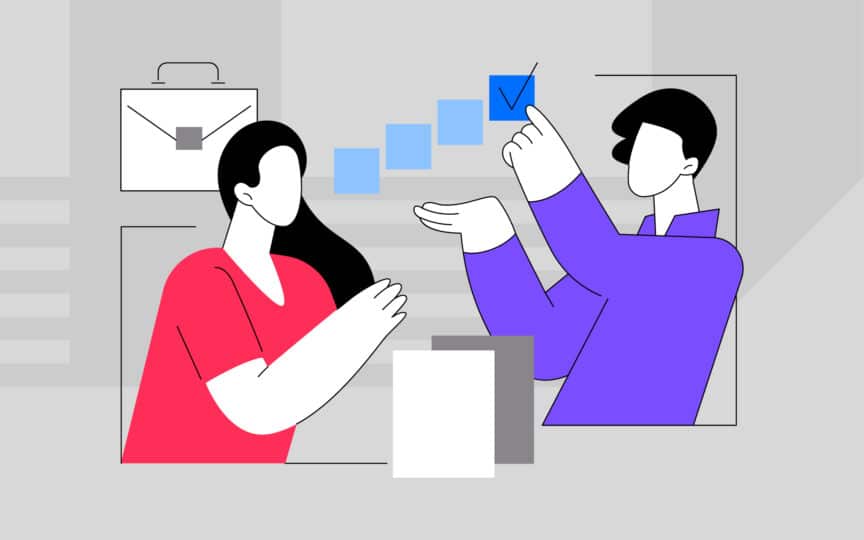 Illustration of a mentor guiding a new hire through onboarding steps, with checkmarks and visual cues representing brand-led learning and progress.