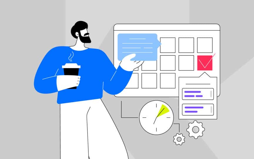 Illustration of an employee reviewing a day-one onboarding plan, with checklists, messages, and tools