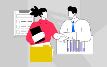 Illustration of two professionals shaking hands during onboarding, with documents and charts representing brand training and alignment.