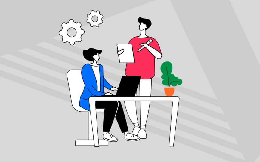 Illustration of colleagues collaborating at a desk, reinforcing through guidance, learning, and everyday behaviours.