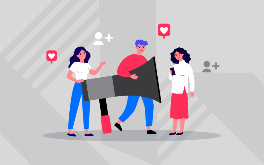 Illustration of people sharing and amplifying opinions to represent how customers form brand perceptions.