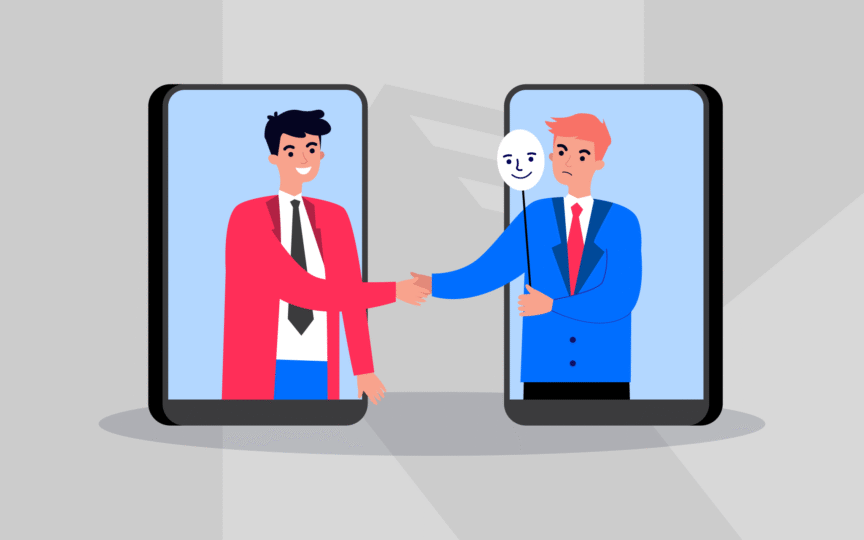 Illustration of two people shaking hands through phone screens, with one holding a smiling mask.