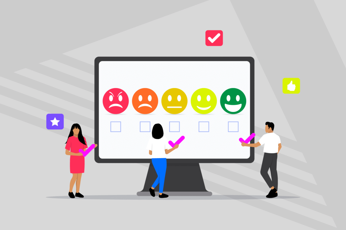 llustration of three people selecting emoji ratings on a large screen, showing how brand perception is measured through customer feedback ranging from negative to positive.