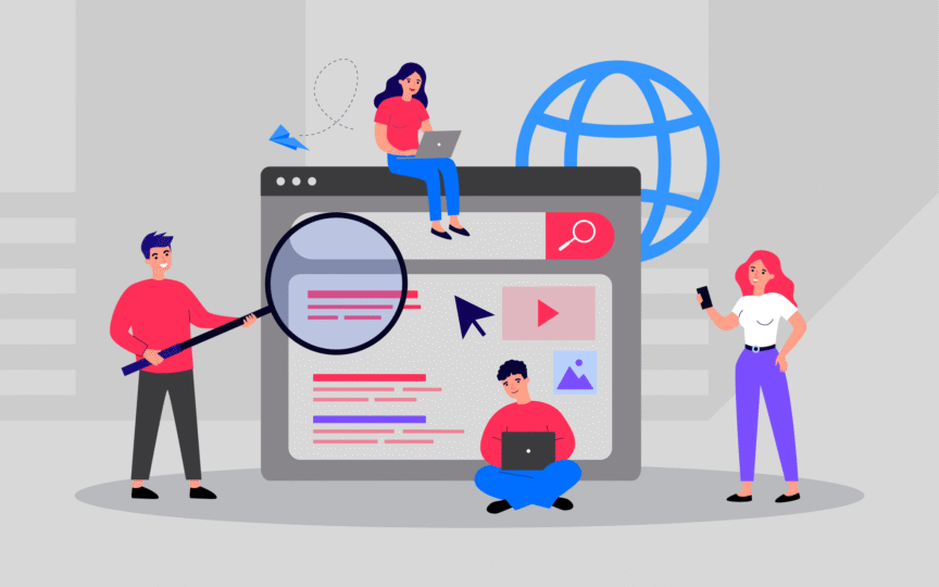 Illustration of people analyzing online content to represent how to measure brand perception.