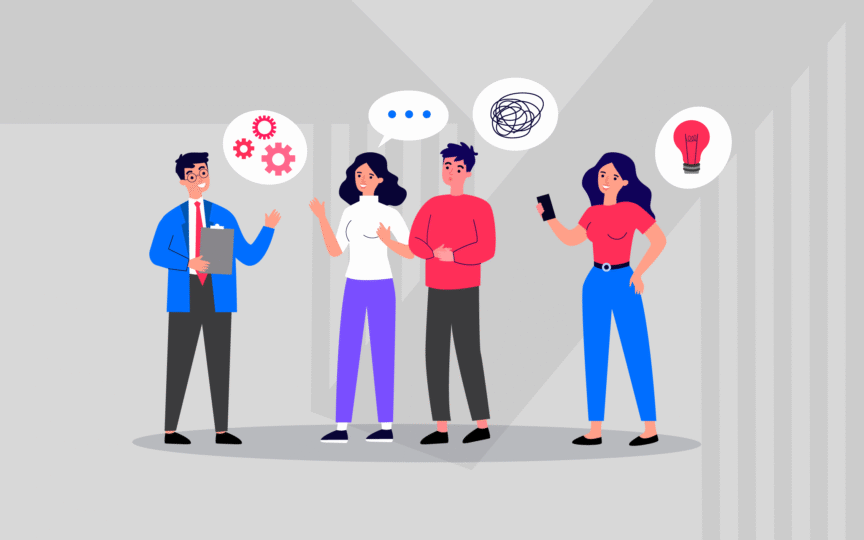 Illustrated group of people discussing ideas, shown with speech bubbles containing gears, dots, a scribble, and a lightbulb.