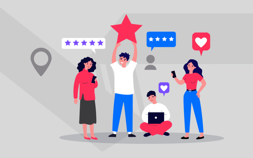 Illustration of people giving ratings and feedback to represent positive brand perception.