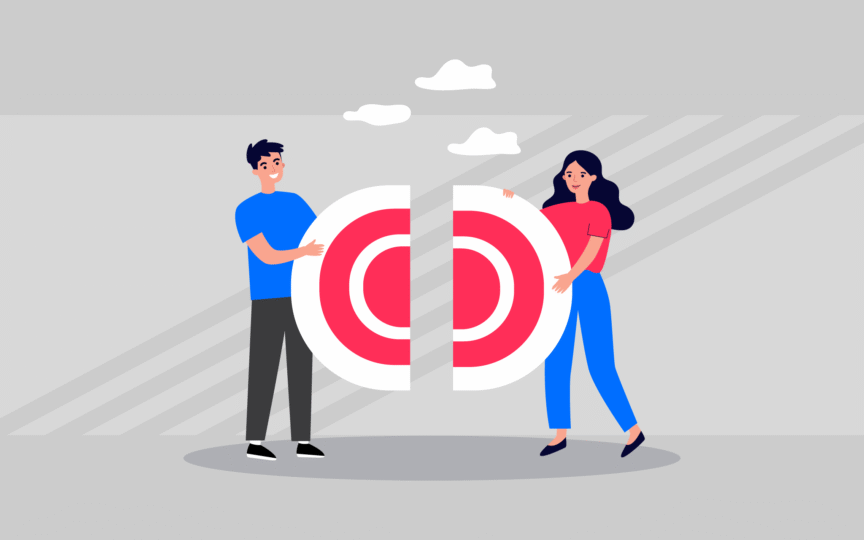 Two people fitting together halves of a target, representing alignment between brand promises and customer perception.