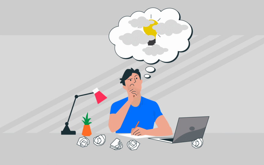 illustration of a man with clouded thoughts, surrounded by scraps of paper at his desk.