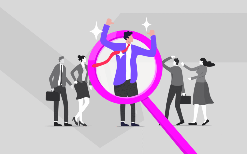 An illustration of a person out of a line-up highlighted with a spyglass.