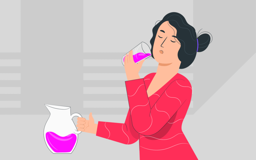 Illustration of woman holding a jug and drinking from glass.