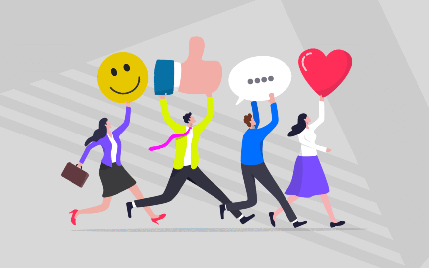 All illustration of four people carrying items: a smiling emoji, a thumbs up, a speech bubble, and a heart.