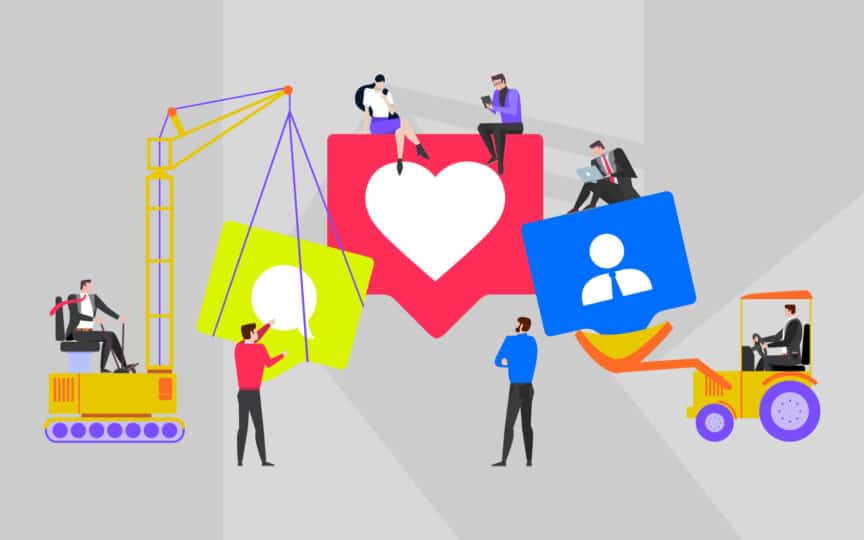 An illustration of construction vehicles carrying blocks.