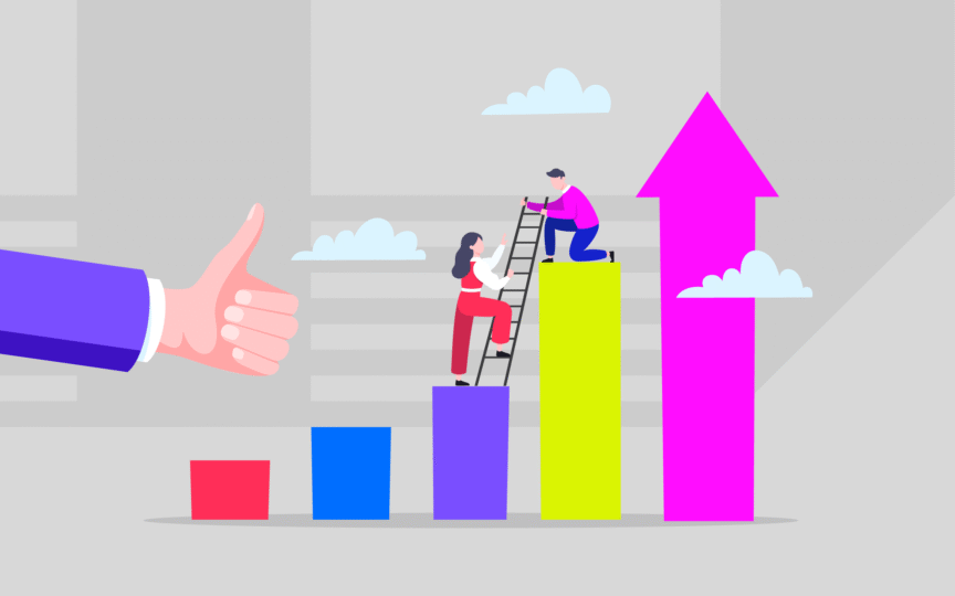 An illustration of two people climbing an increasing bar chart.