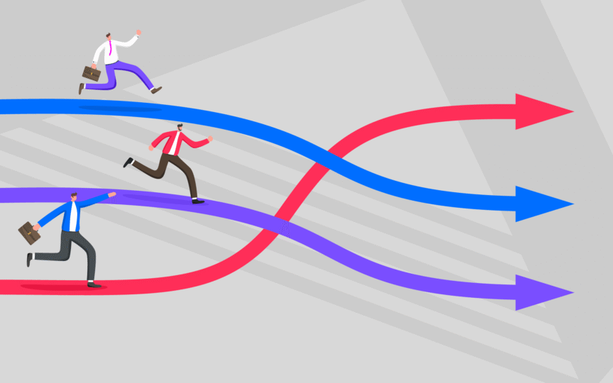 An illustration of three people following individual pathways.