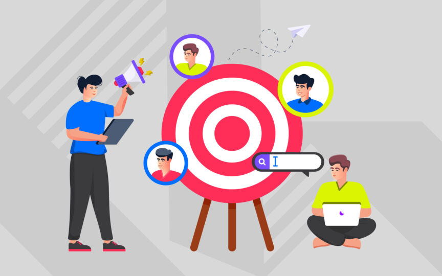 Illustration of two people around a target with faces in bubbles and a search bar surrounding it.