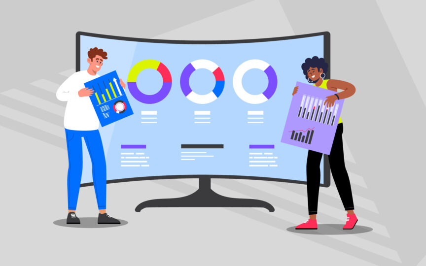 Illustration of two people analysing metrics.