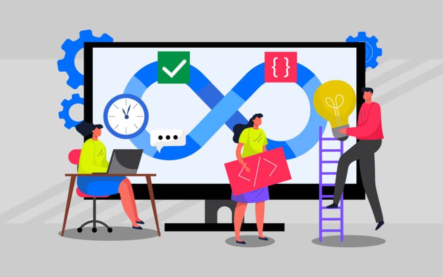 Illustration of three people building a brand positioning roadmap which is in the shape of the infinity symbol.