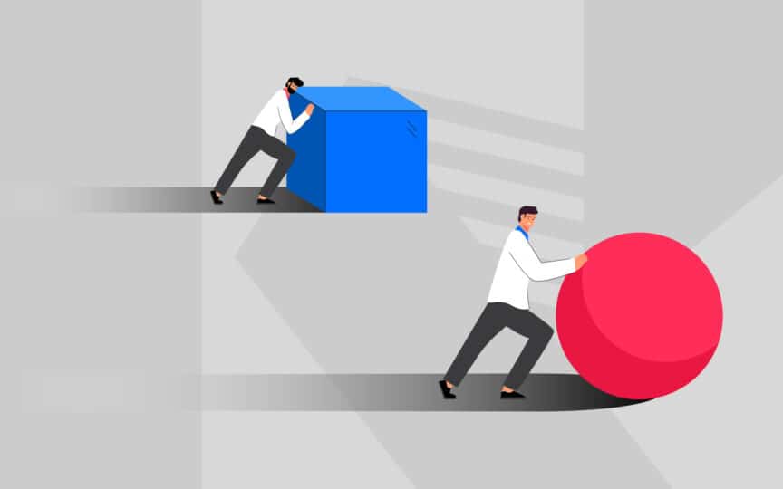 Illustration of two people pushing shapes: one a cube; the other, a sphere.