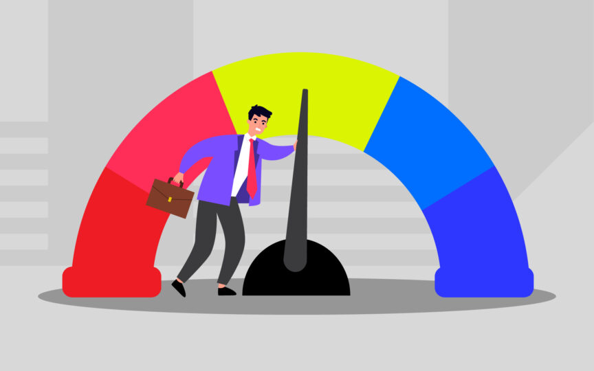 Illustration of man moving needle on a gauge.